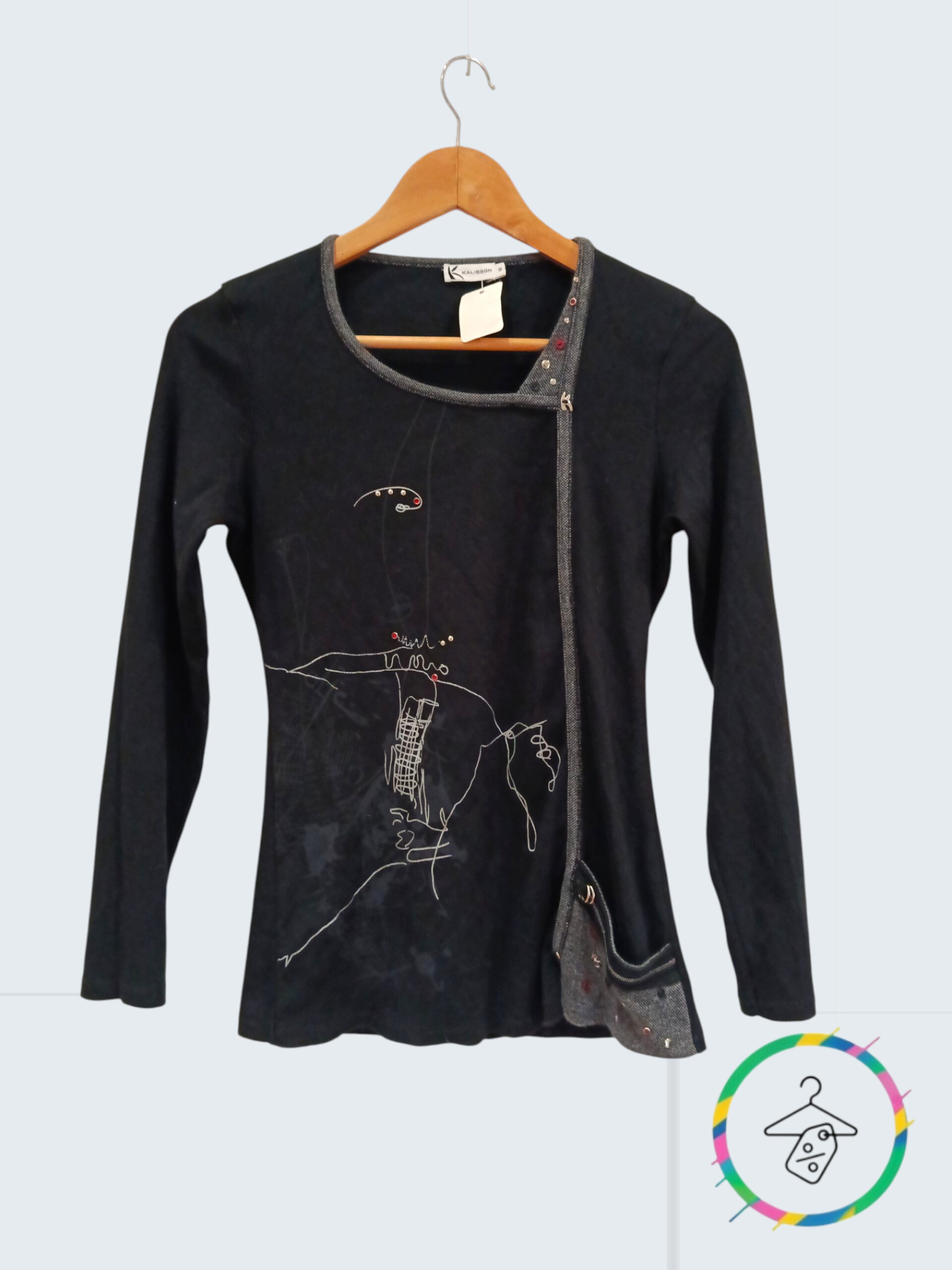 Top KALISSON taille S – style original / arty – noir manches longues 🖤 A1149