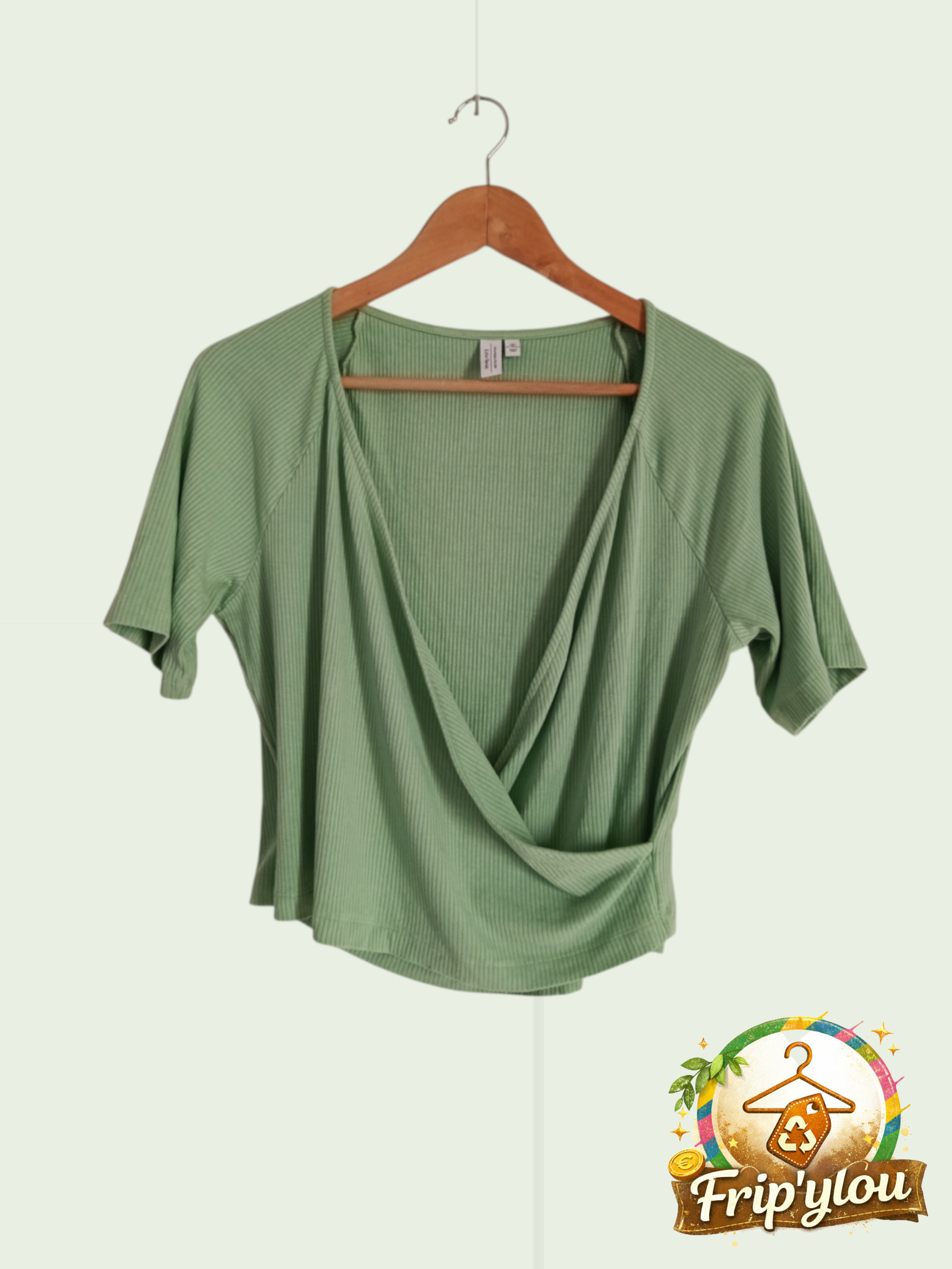 Top cache-cœur vert côtelé Femme L – tendance & confortable A1658