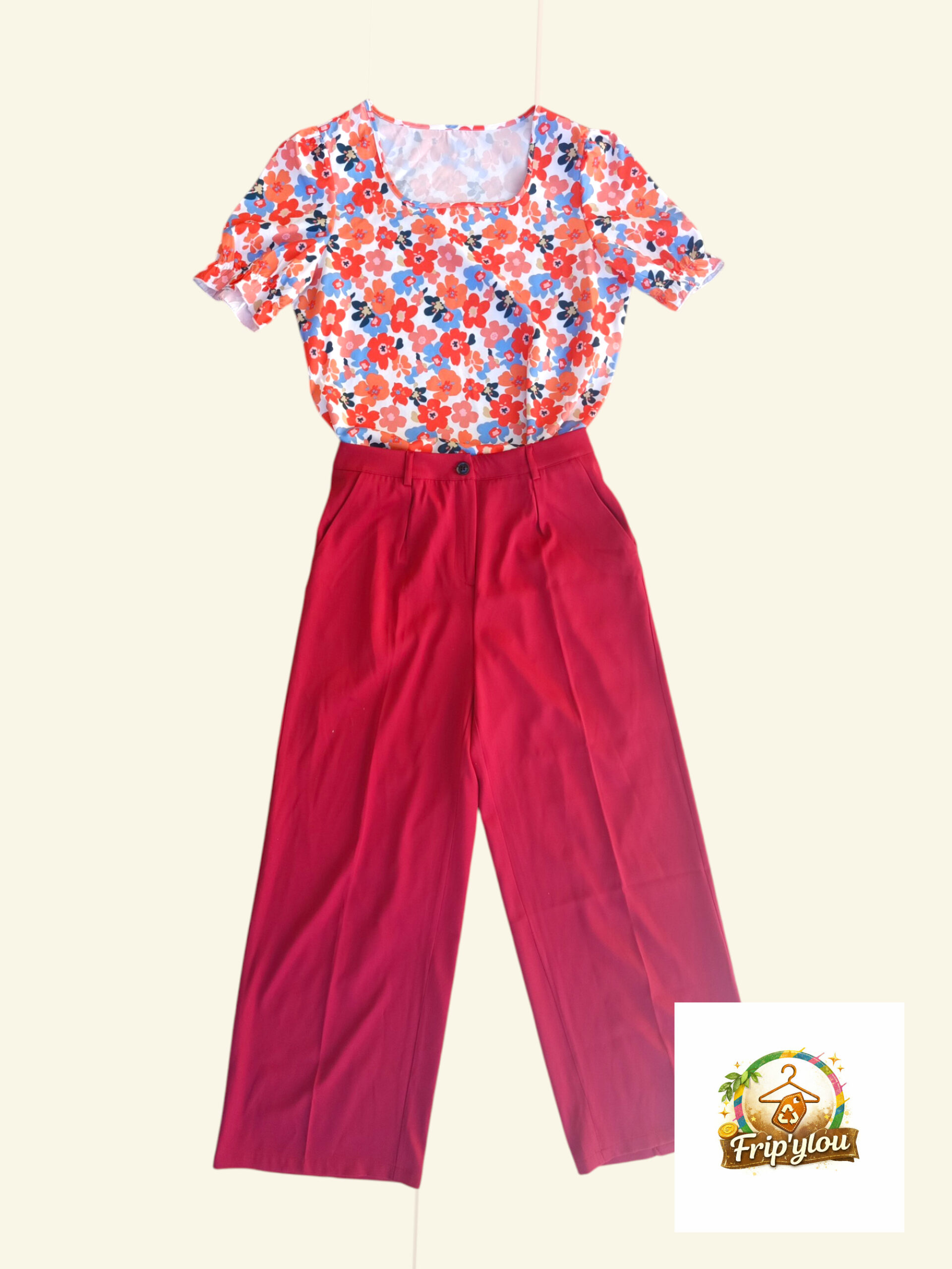 Ensemble blouse fleurie + pantalon rouge – taille M A1713