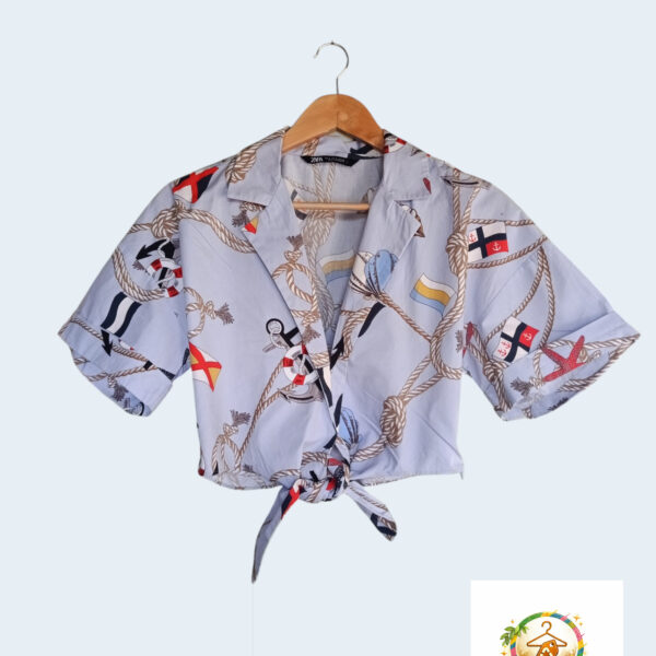 Chemisier crop top Zara imprimé marin noué – Taille S – Style bord de mer / casual chic A1730