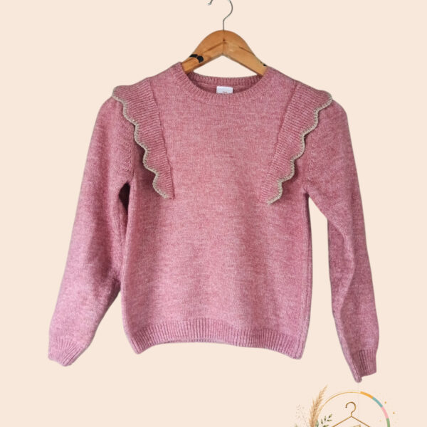 Pull fille rose poudré chic à volants or TAO – A1777