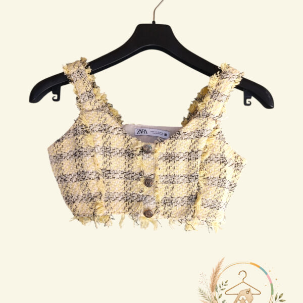 Top court Zara femme jaune effet tweed à boutons A1796
