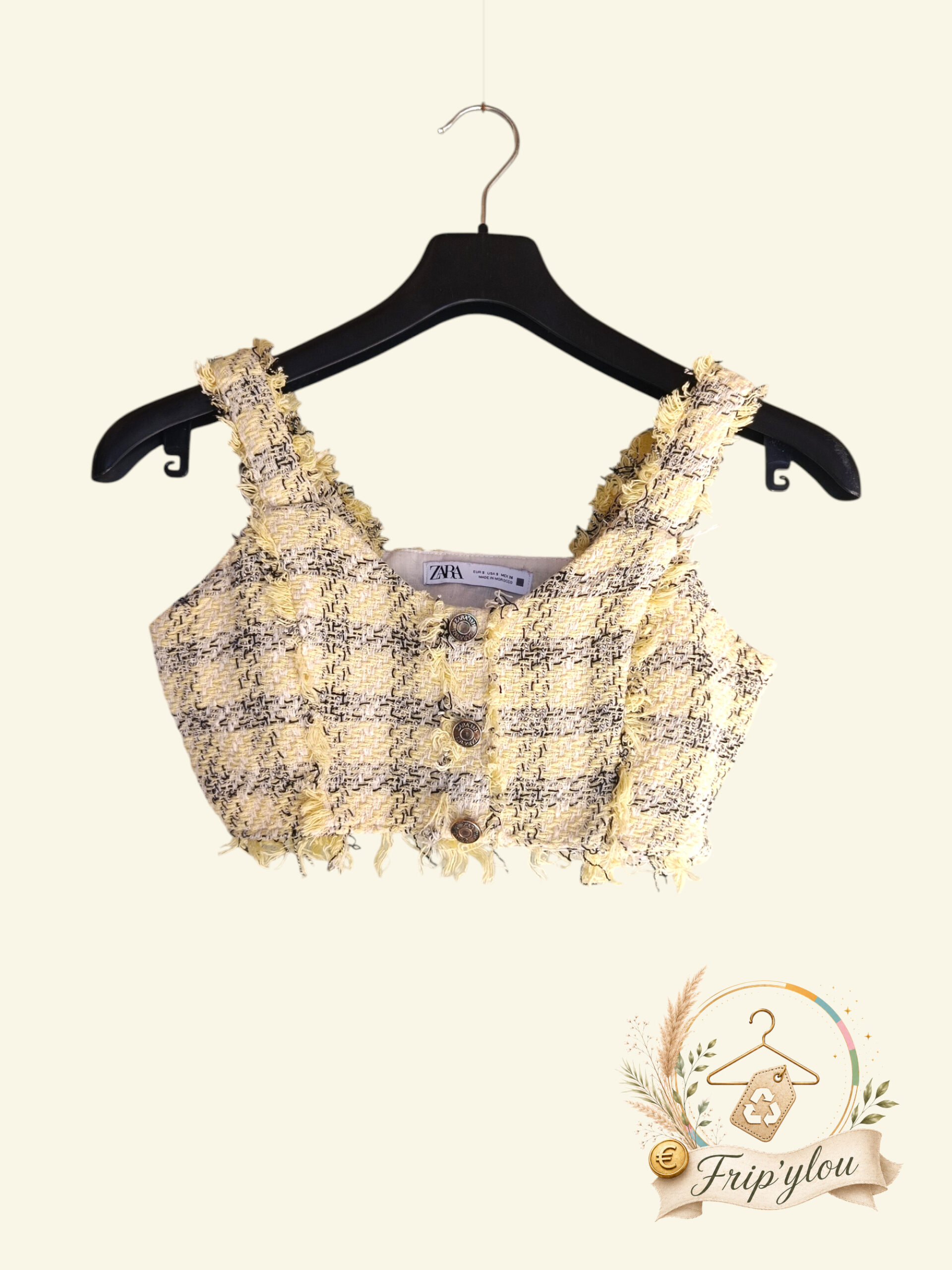 Top court Zara femme jaune effet tweed à boutons A1796