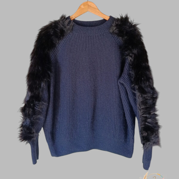 Pull femme S H&M Bleu Marine avec Détails Fourrure Noire - A1827