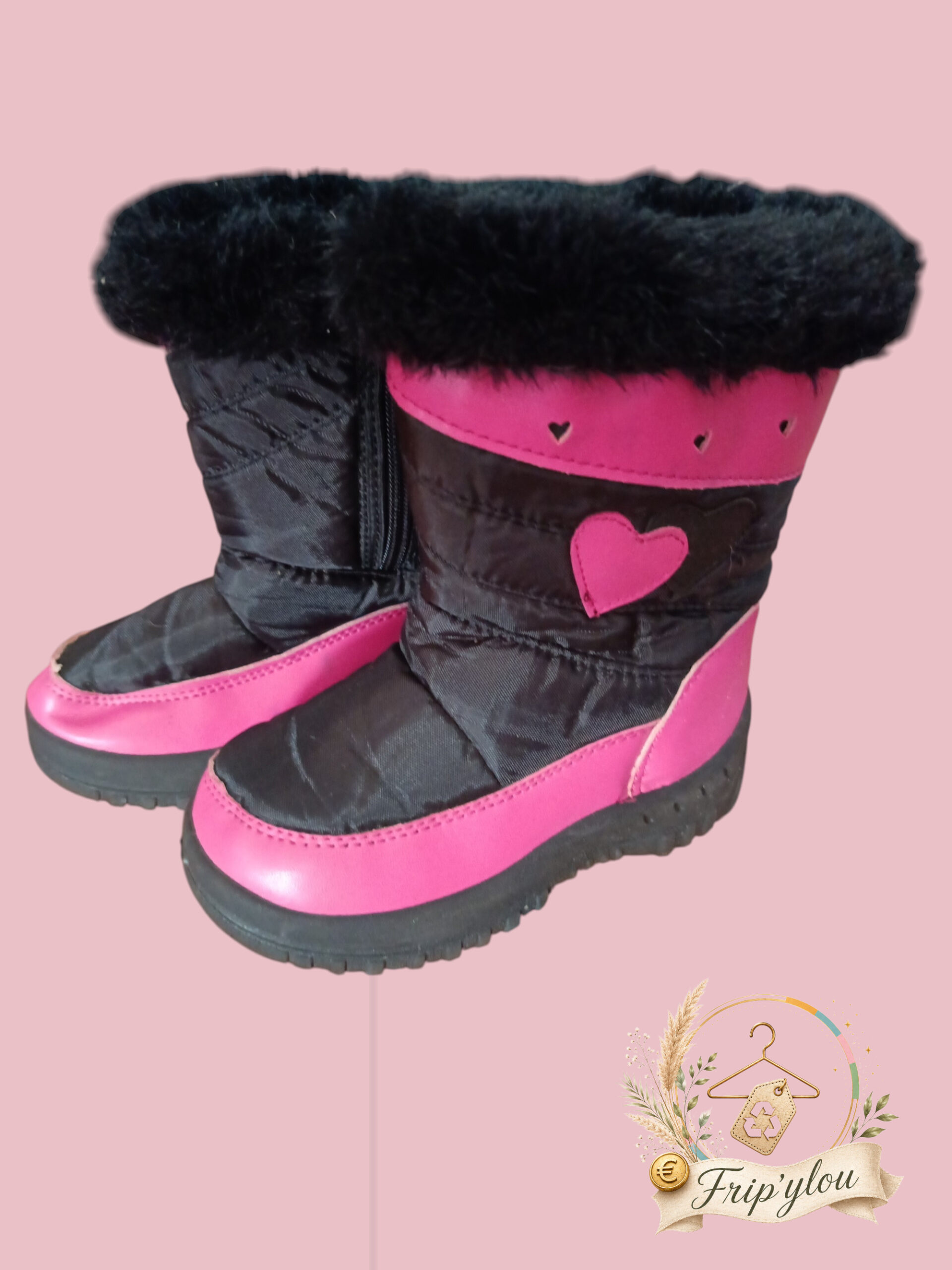 Bottes de neige fille noires & roses fourrure - A1799