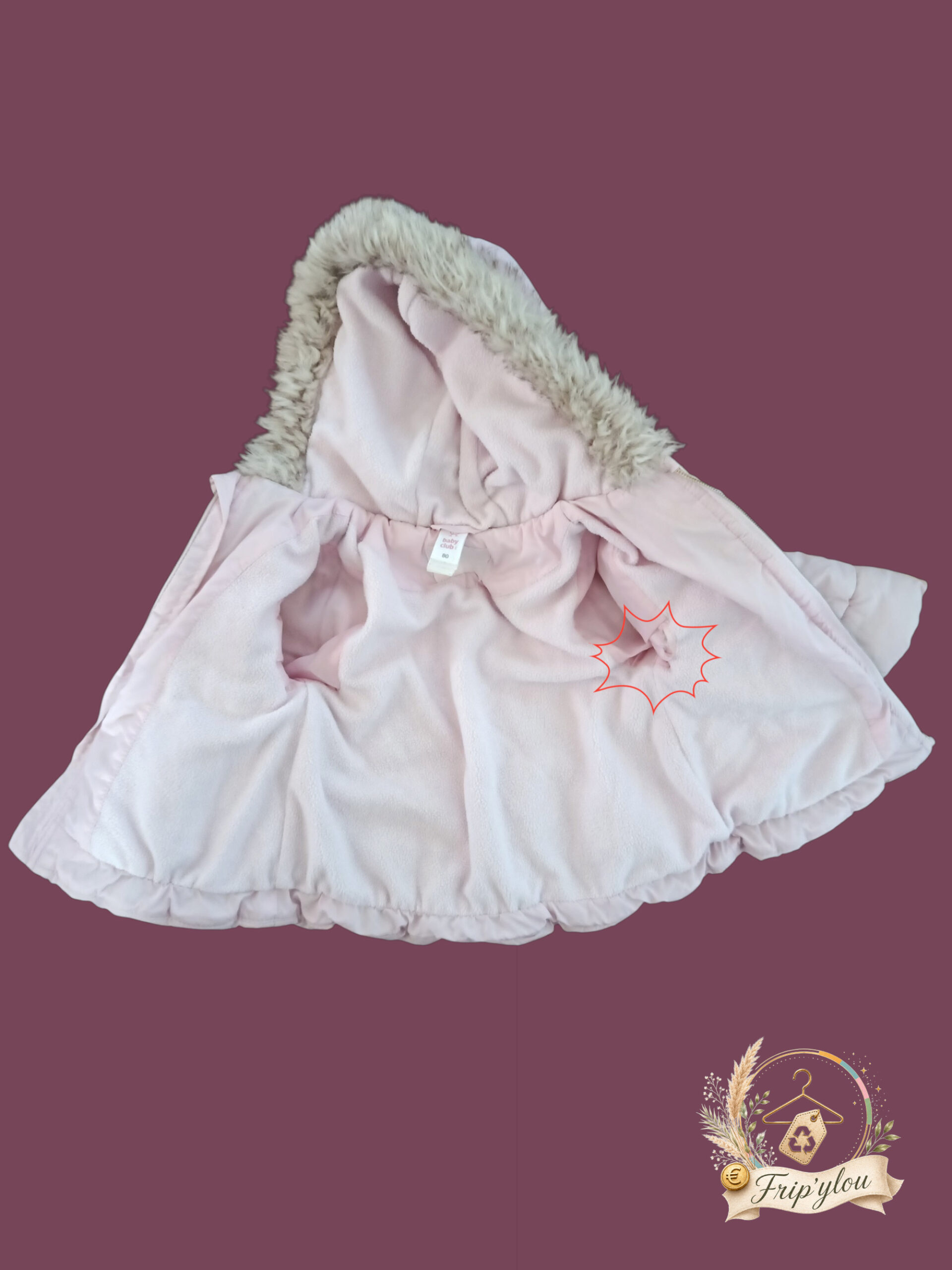 Doudoune rose à capuche fausse fourrure bébé fille 80 cm (12 mois) A1848 – Image 3
