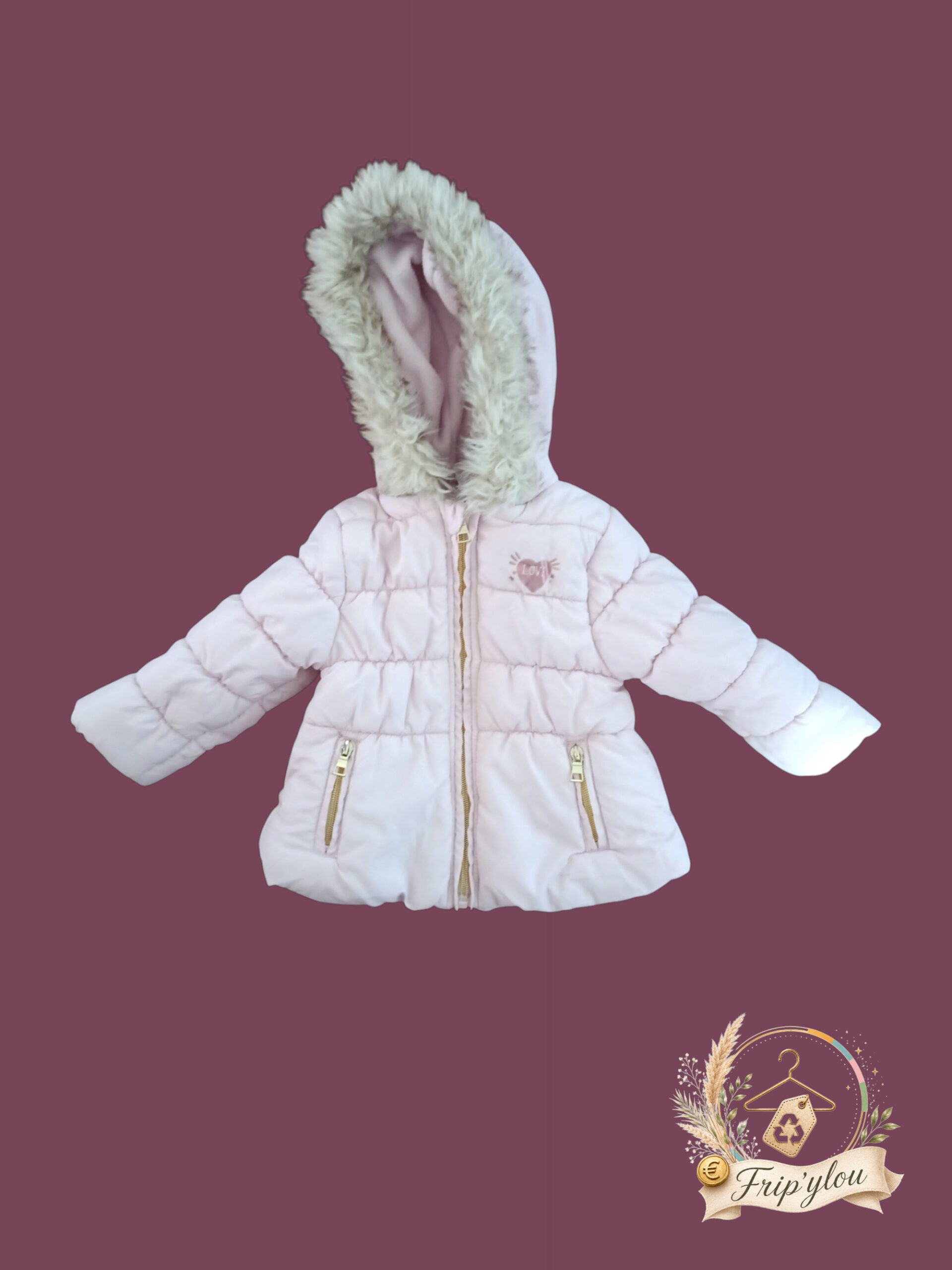 Doudoune rose à capuche fausse fourrure bébé fille 80 cm (12 mois) A1848
